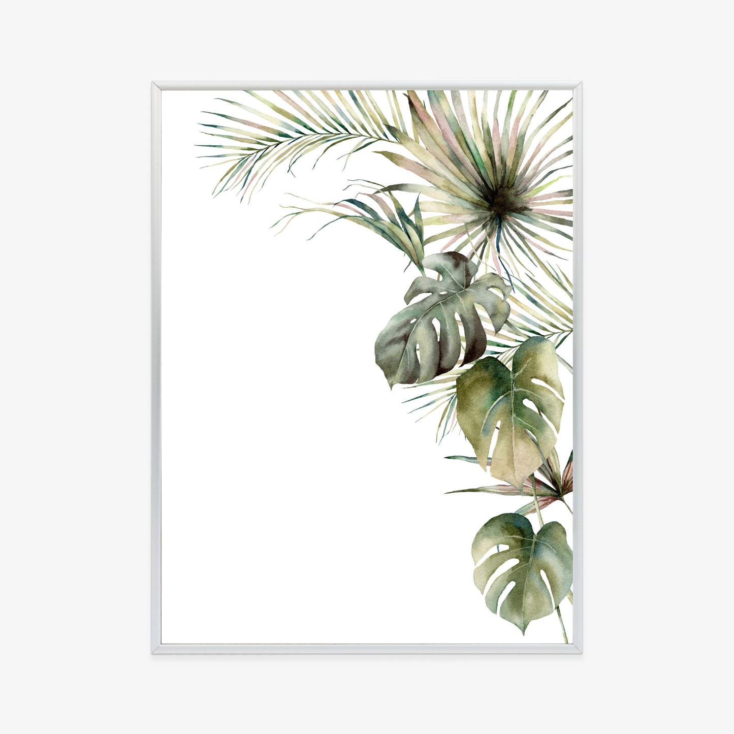 Poster Palmen- Und Monstera-Vegetation Isolierter Aquarellhintergrund Rahmen Holz Mit Passepartout Farbe Natürlich