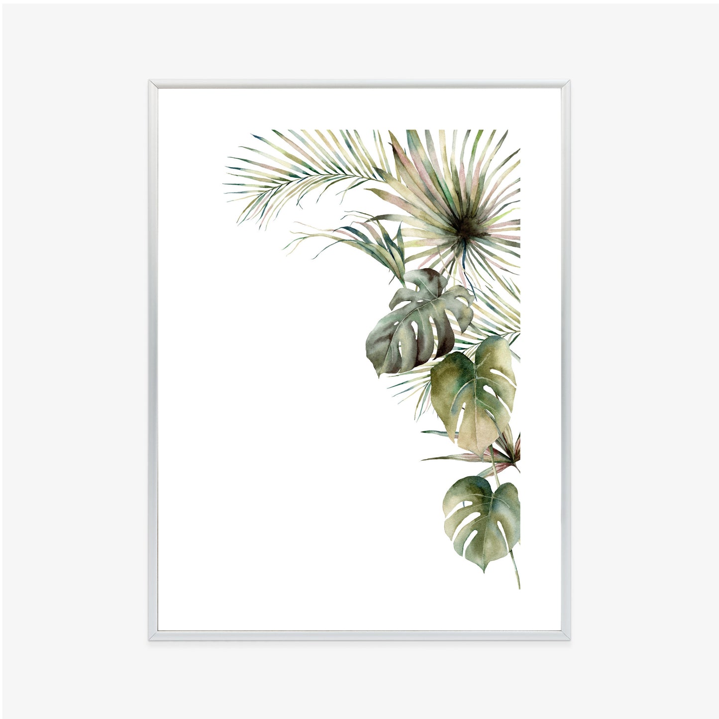 Poster Palmen- Und Monstera-Vegetation Isolierter Aquarellhintergrund Rahmen Holz Mit Passepartout Farbe Natürlich
