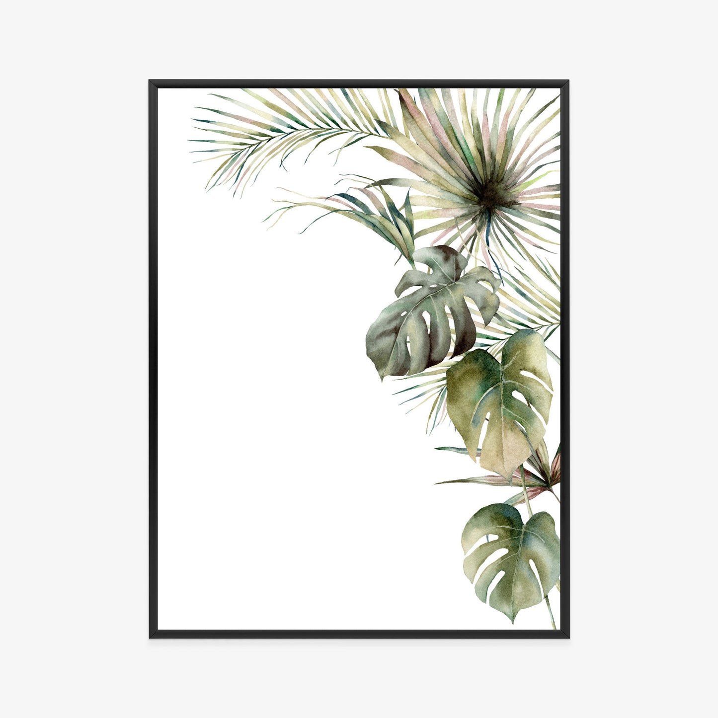 Poster Palmen- Und Monstera-Vegetation Isolierter Aquarellhintergrund Rahmen Holz Mit Passepartout Farbe Natürlich