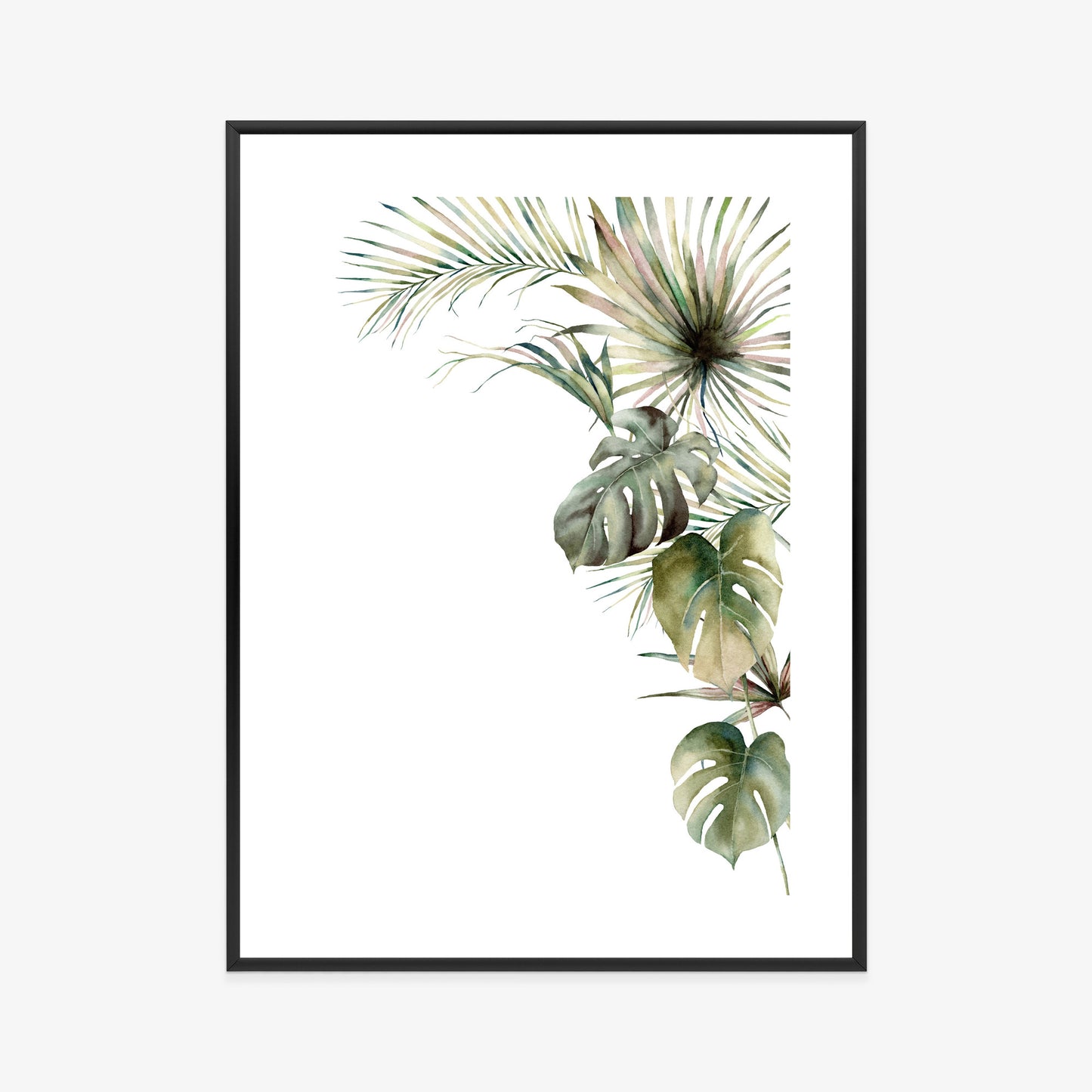 Poster Palmen- Und Monstera-Vegetation Isolierter Aquarellhintergrund Rahmen Holz Mit Passepartout Farbe Natürlich