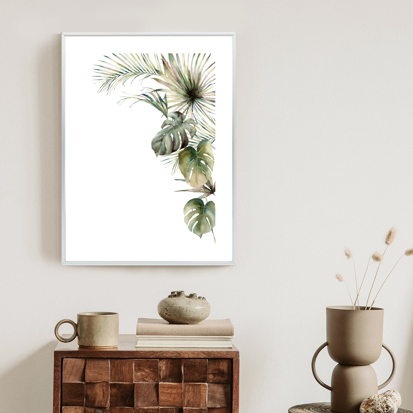 Poster Palmen- Und Monstera-Vegetation Isolierter Aquarellhintergrund Rahmen Holz Mit Passepartout Farbe Natürlich