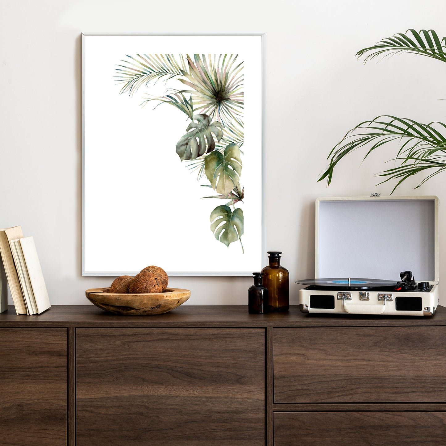 Poster Palmen- Und Monstera-Vegetation Isolierter Aquarellhintergrund Rahmen Holz Mit Passepartout Farbe Natürlich