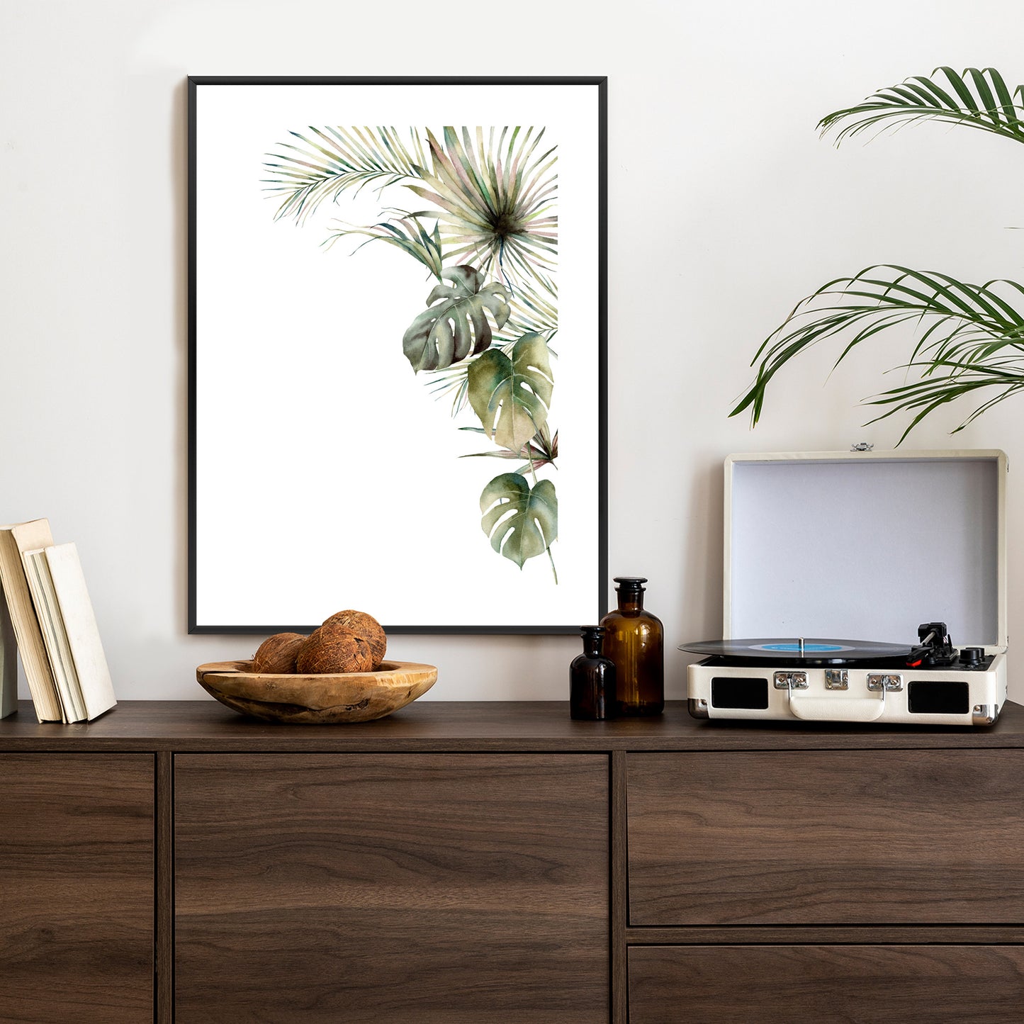 Poster Palmen- Und Monstera-Vegetation Isolierter Aquarellhintergrund Rahmen Holz Mit Passepartout Farbe Natürlich