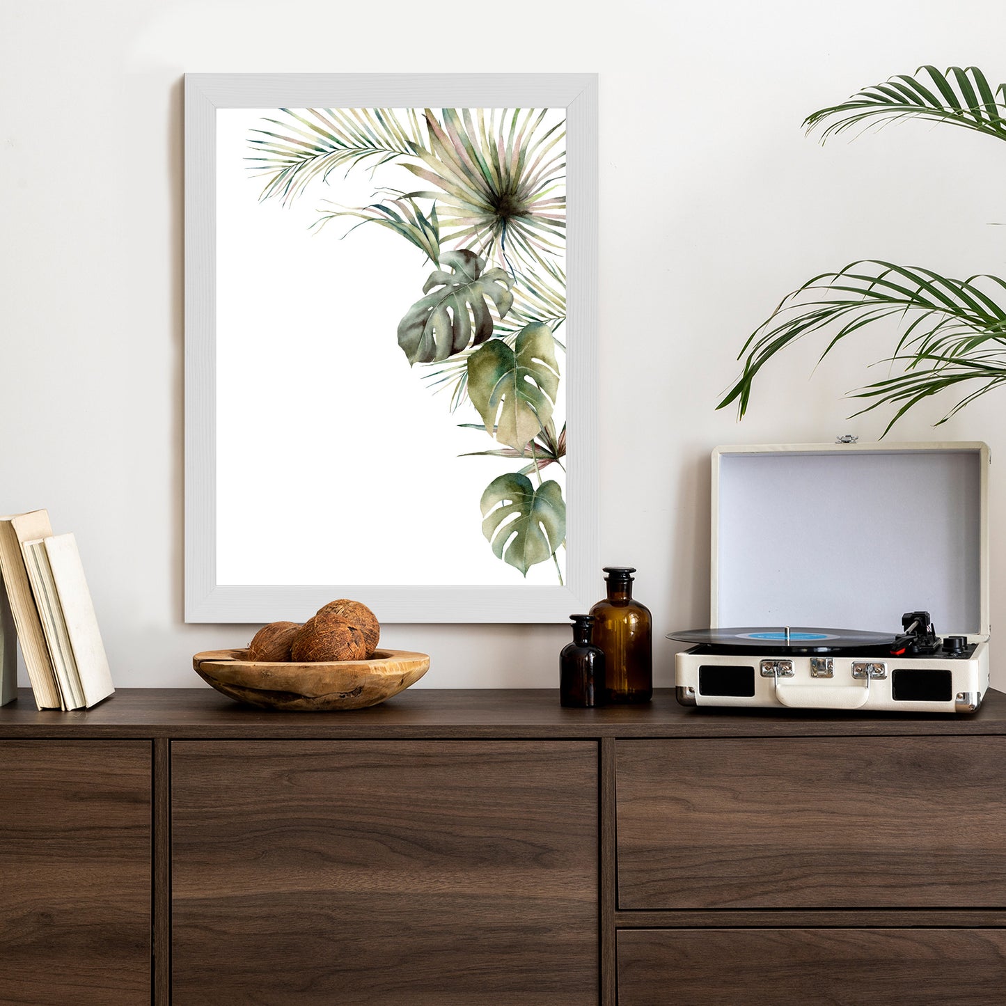 Poster Palmen- Und Monstera-Vegetation Isolierter Aquarellhintergrund Rahmen Holz Mit Passepartout Farbe Natürlich