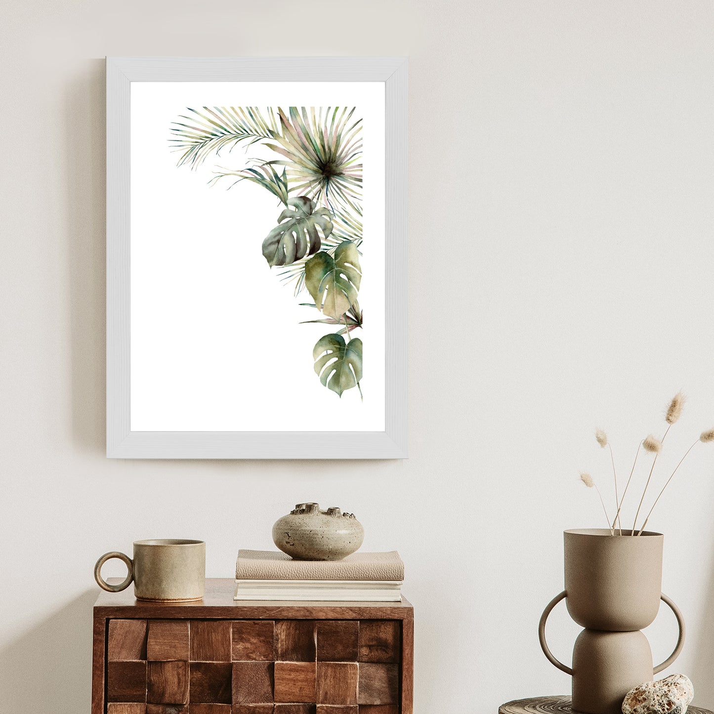 Poster Palmen- Und Monstera-Vegetation Isolierter Aquarellhintergrund Rahmen Holz Mit Passepartout Farbe Natürlich