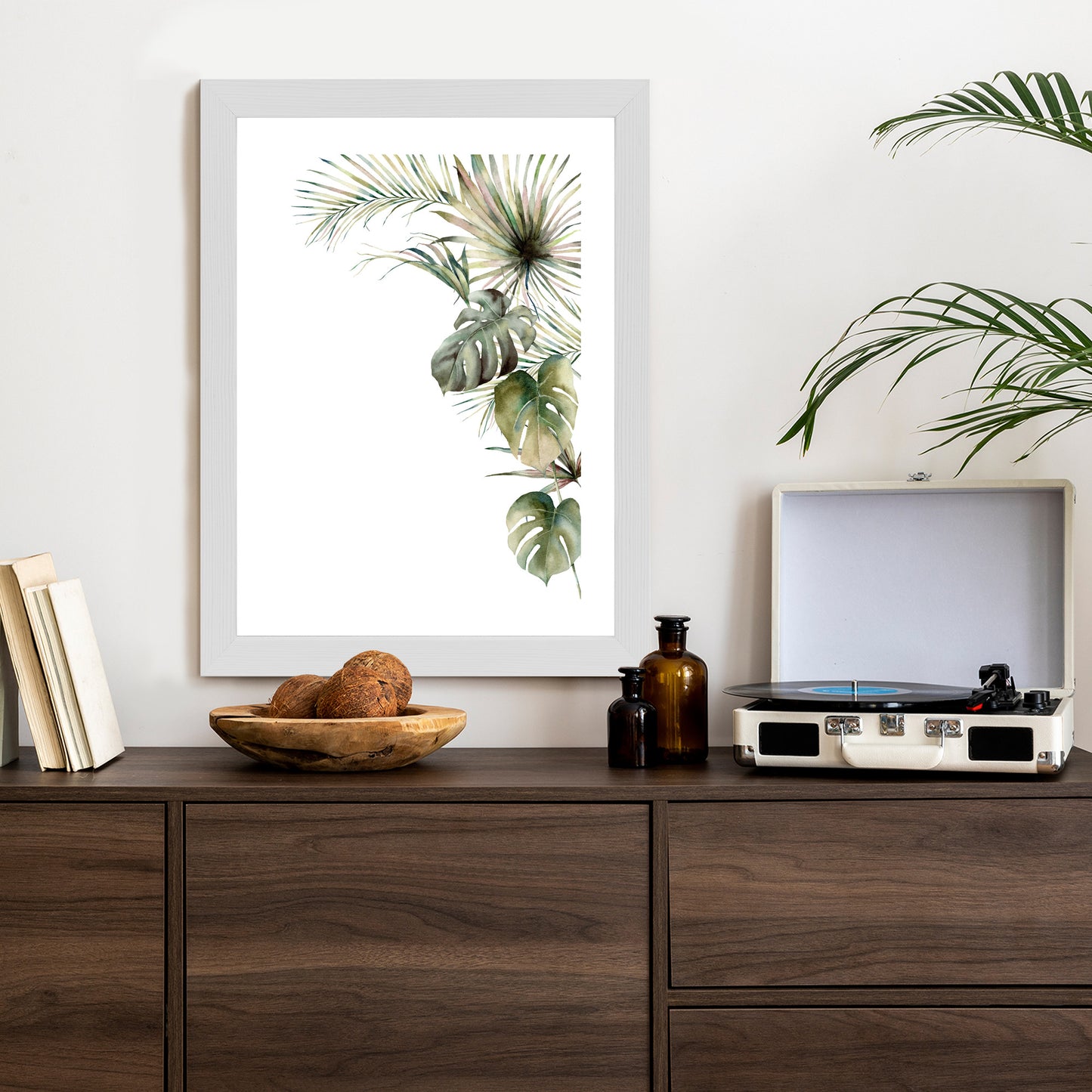 Poster Palmen- Und Monstera-Vegetation Isolierter Aquarellhintergrund Rahmen Holz Mit Passepartout Farbe Natürlich