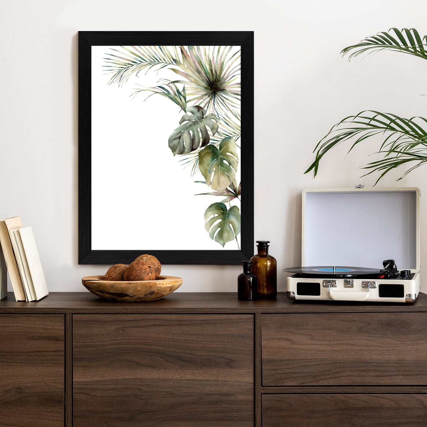 Poster Palmen- Und Monstera-Vegetation Isolierter Aquarellhintergrund Rahmen Holz Mit Passepartout Farbe Natürlich
