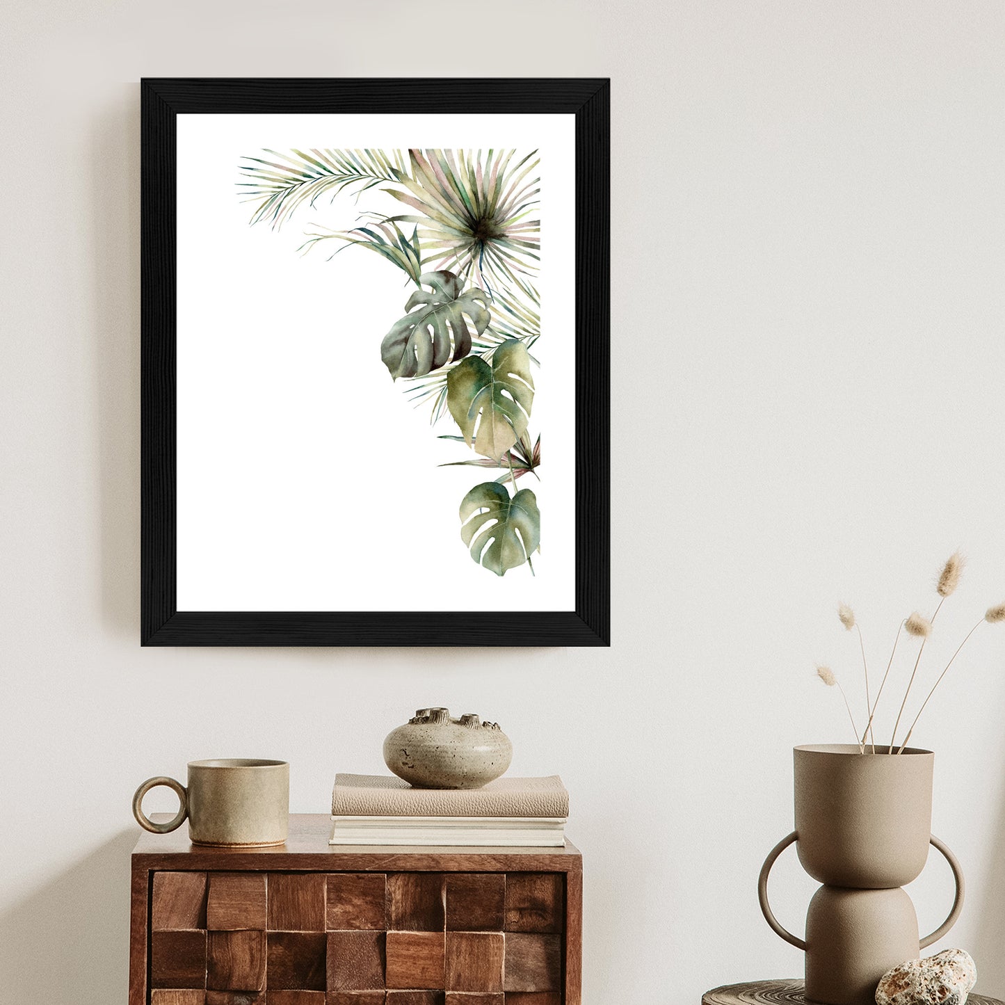 Poster Palmen- Und Monstera-Vegetation Isolierter Aquarellhintergrund Rahmen Holz Mit Passepartout Farbe Natürlich