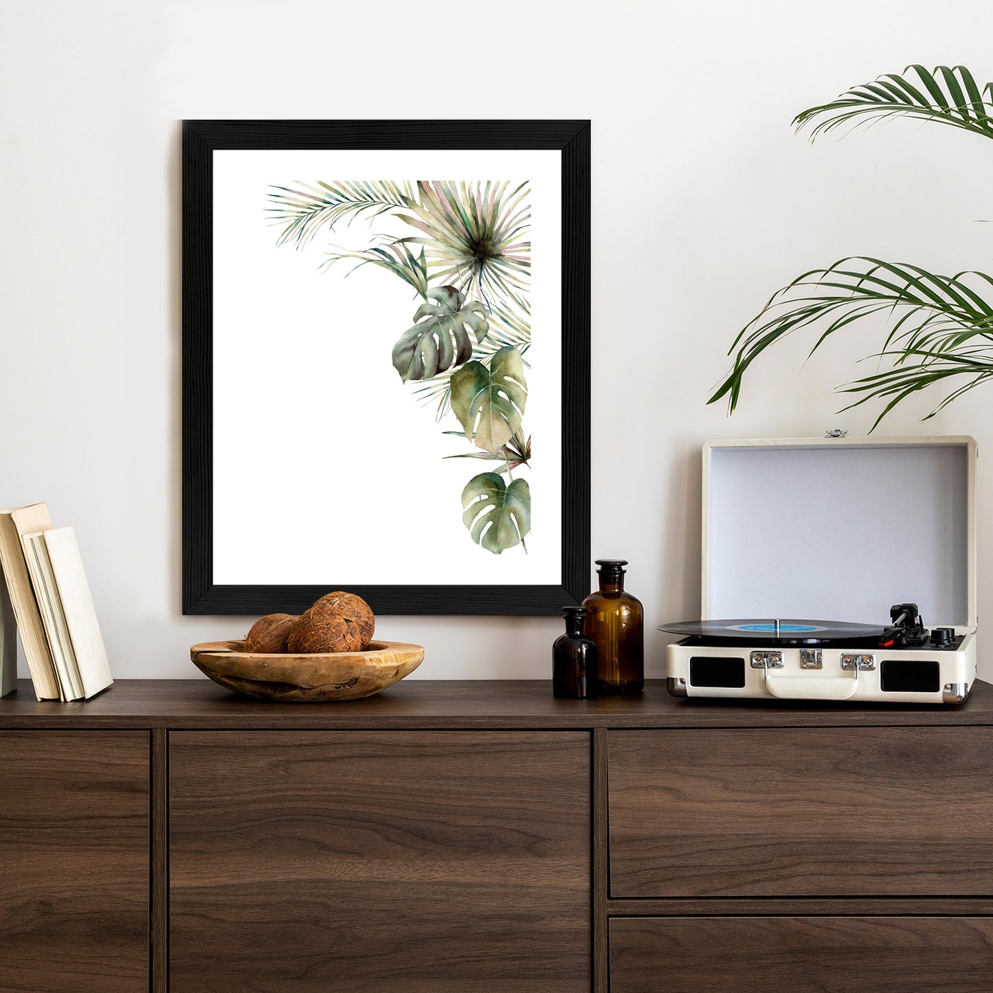 Poster Palmen- Und Monstera-Vegetation Isolierter Aquarellhintergrund Rahmen Holz Mit Passepartout Farbe Natürlich