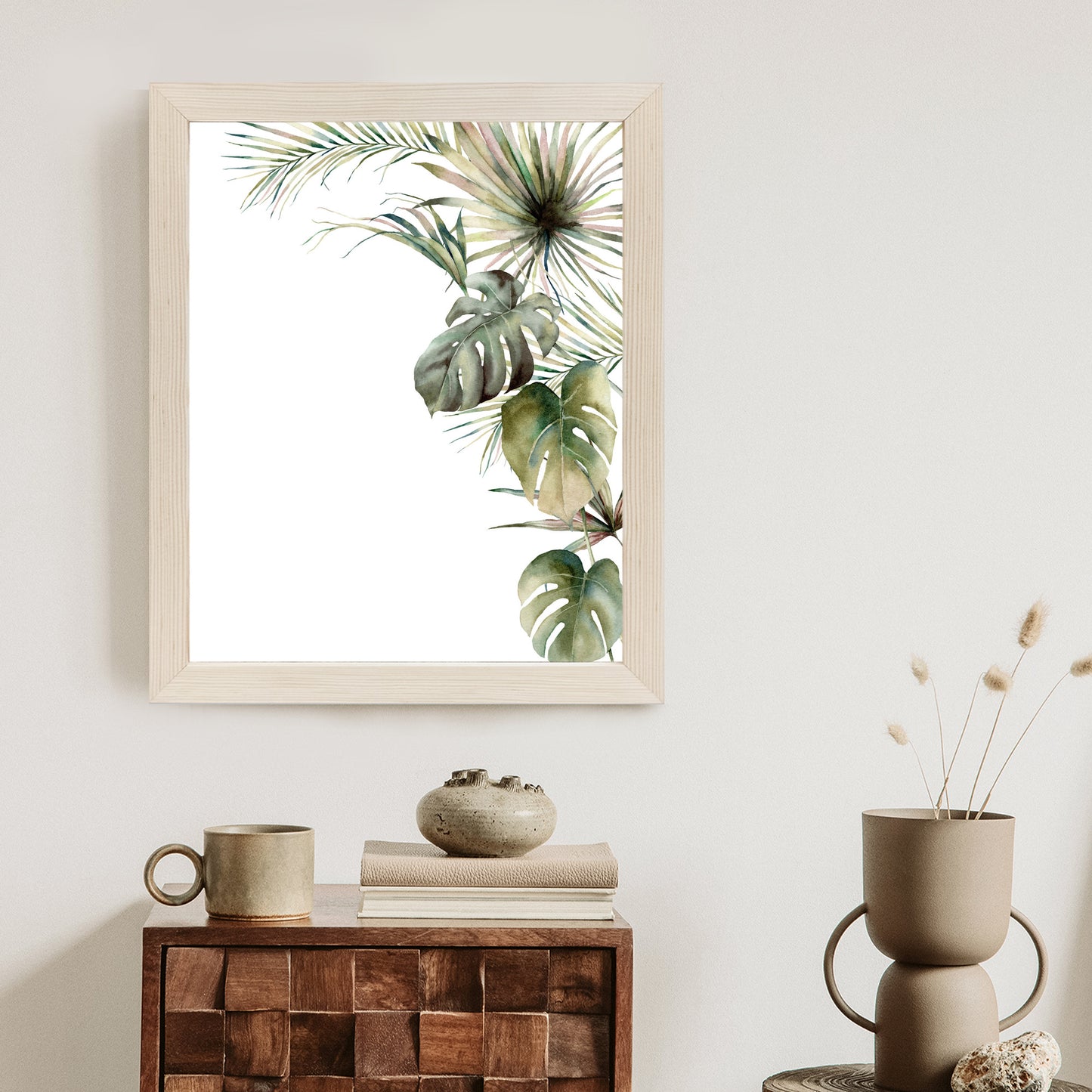Poster Palmen- Und Monstera-Vegetation Isolierter Aquarellhintergrund Rahmen Holz Mit Passepartout Farbe Natürlich