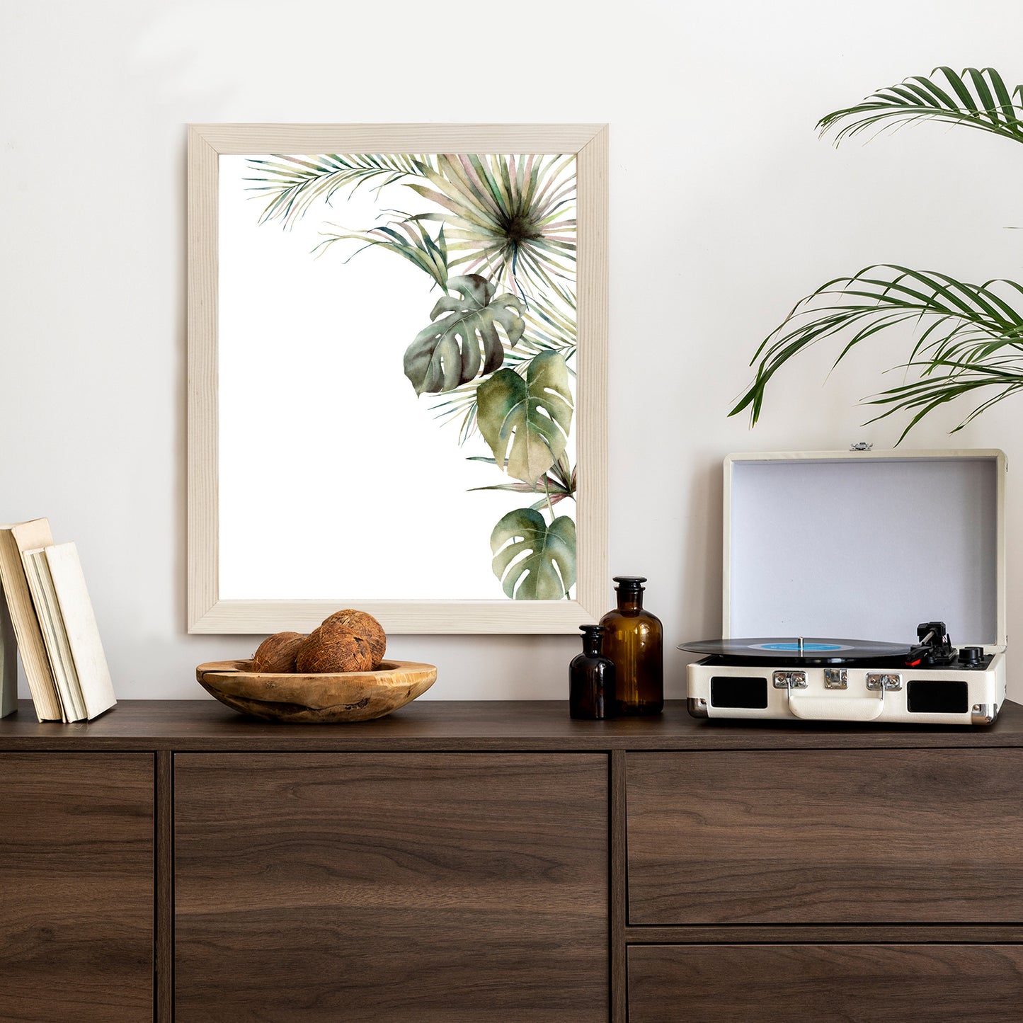 Poster Palmen- Und Monstera-Vegetation Isolierter Aquarellhintergrund Rahmen Holz Mit Passepartout Farbe Natürlich