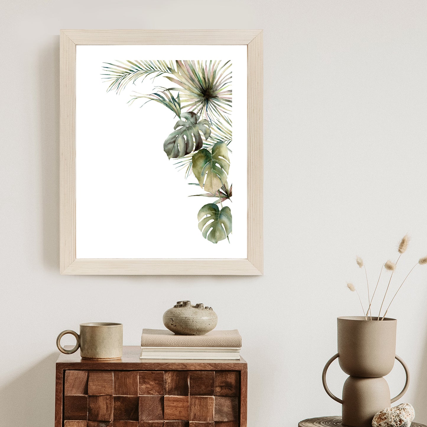 Poster Palmen- Und Monstera-Vegetation Isolierter Aquarellhintergrund Rahmen Holz Mit Passepartout Farbe Natürlich