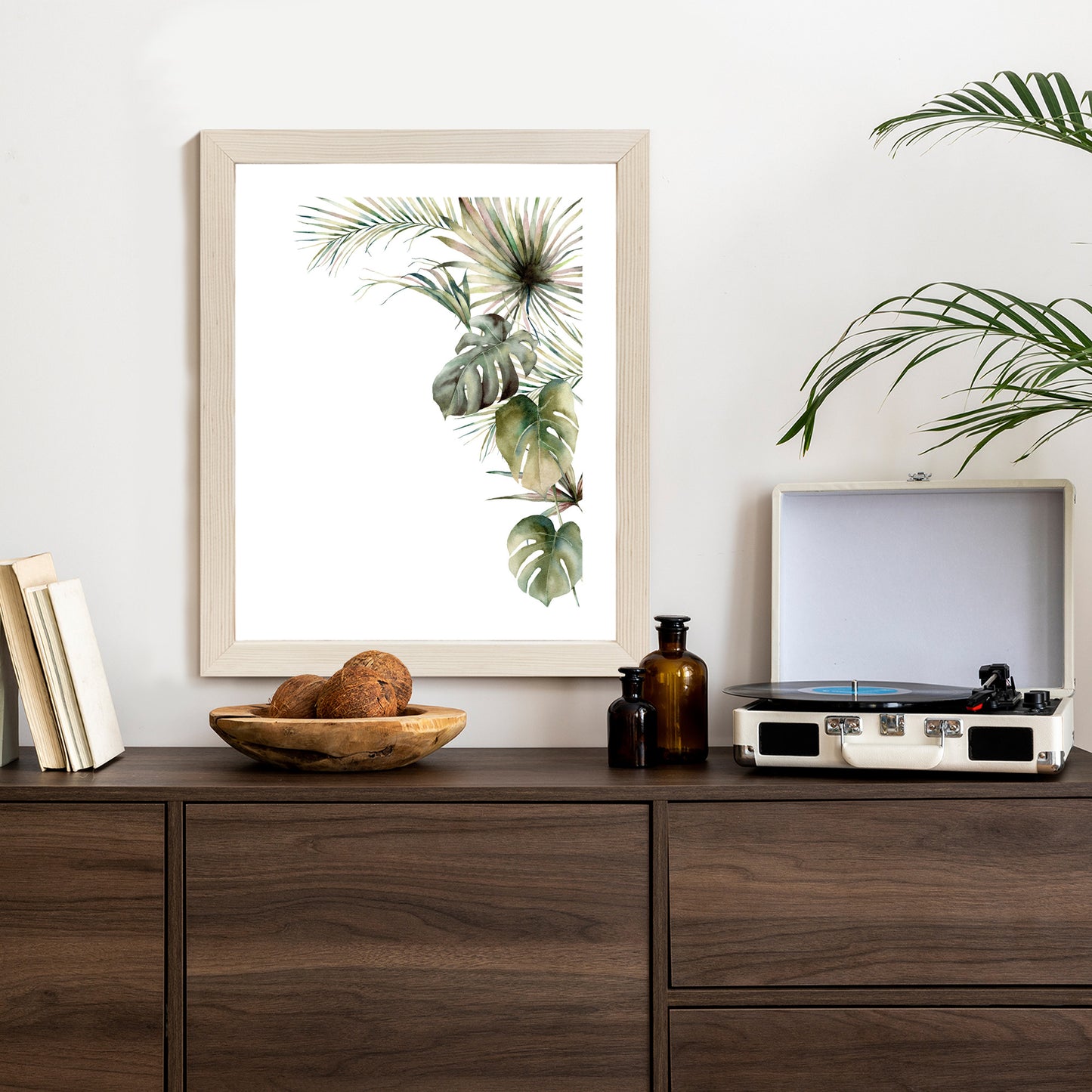 Poster Palmen- Und Monstera-Vegetation Isolierter Aquarellhintergrund Rahmen Holz Mit Passepartout Farbe Natürlich