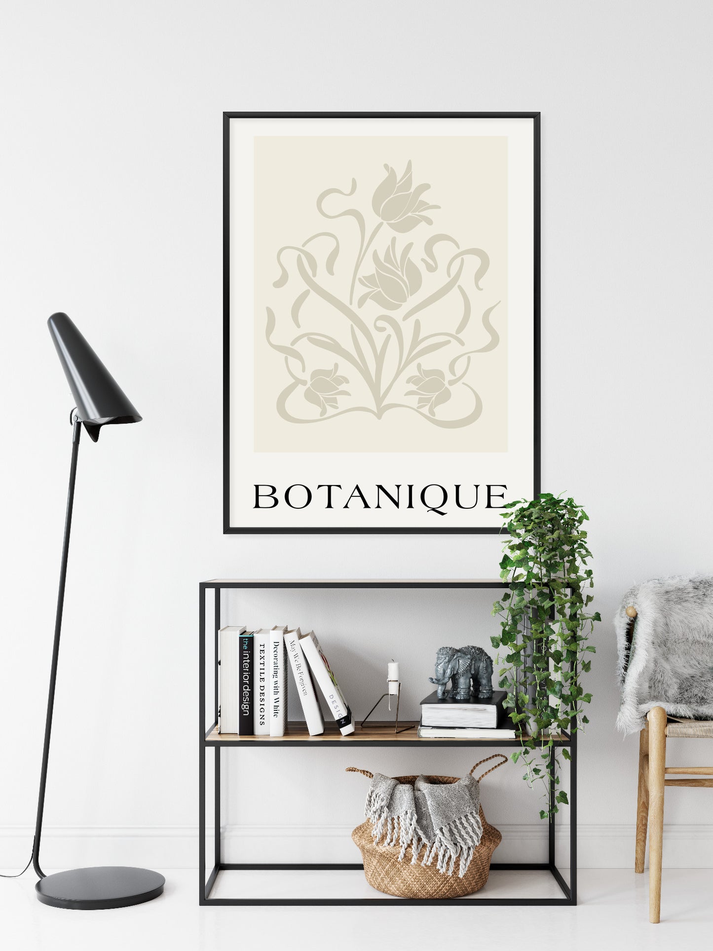 Poster Botanische Beige Blätter Und Blüten Rahmen Holz Mit Passepartout Farbe Natürlich