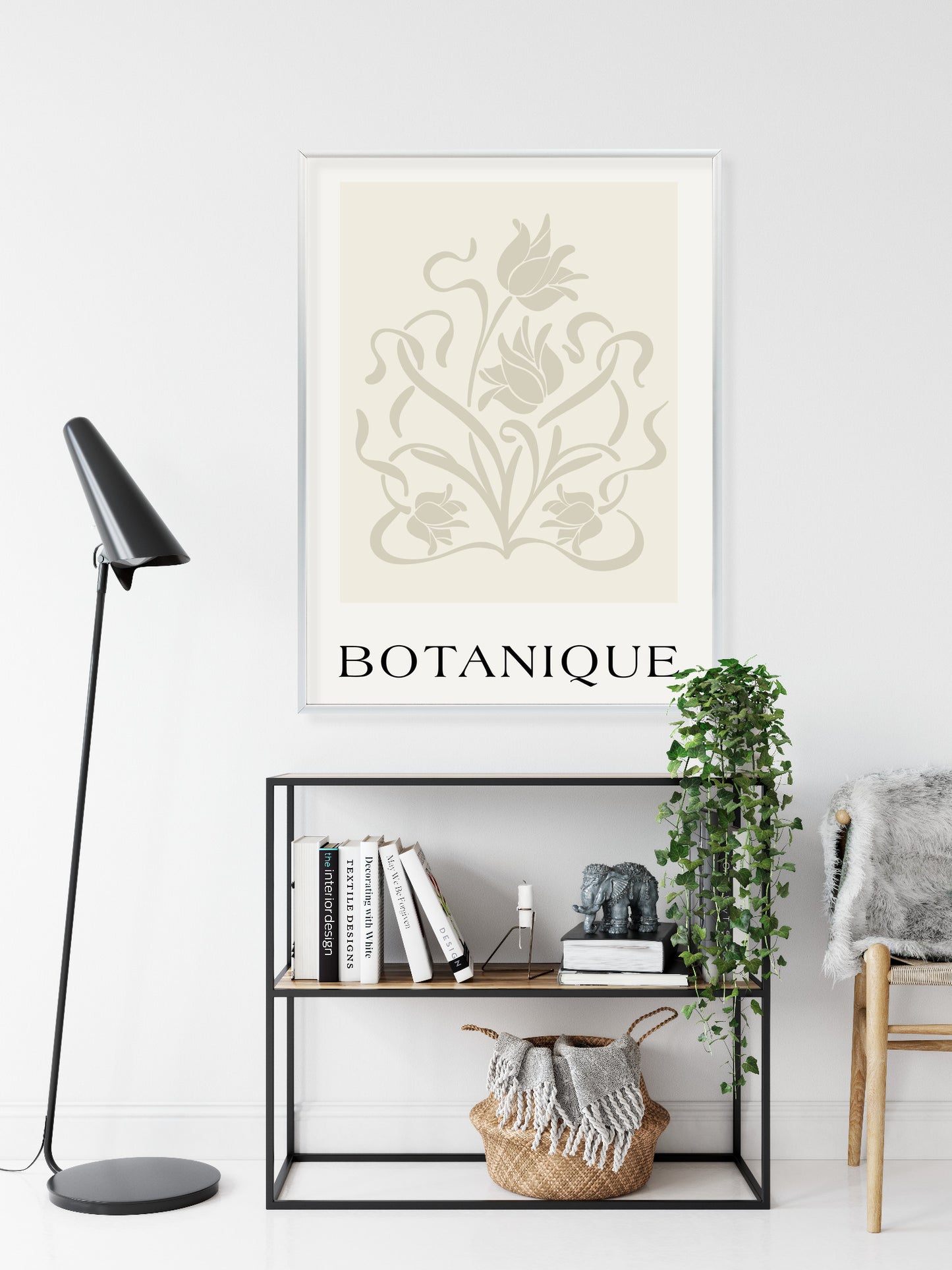Poster Botanische Beige Blätter Und Blüten Rahmen Holz Mit Passepartout Farbe Natürlich