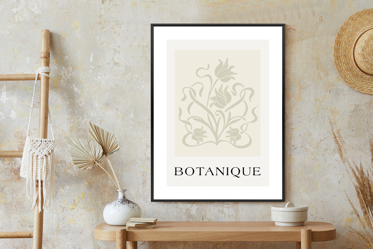 Poster Botanische Beige Blätter Und Blüten Rahmen Holz Mit Passepartout Farbe Natürlich