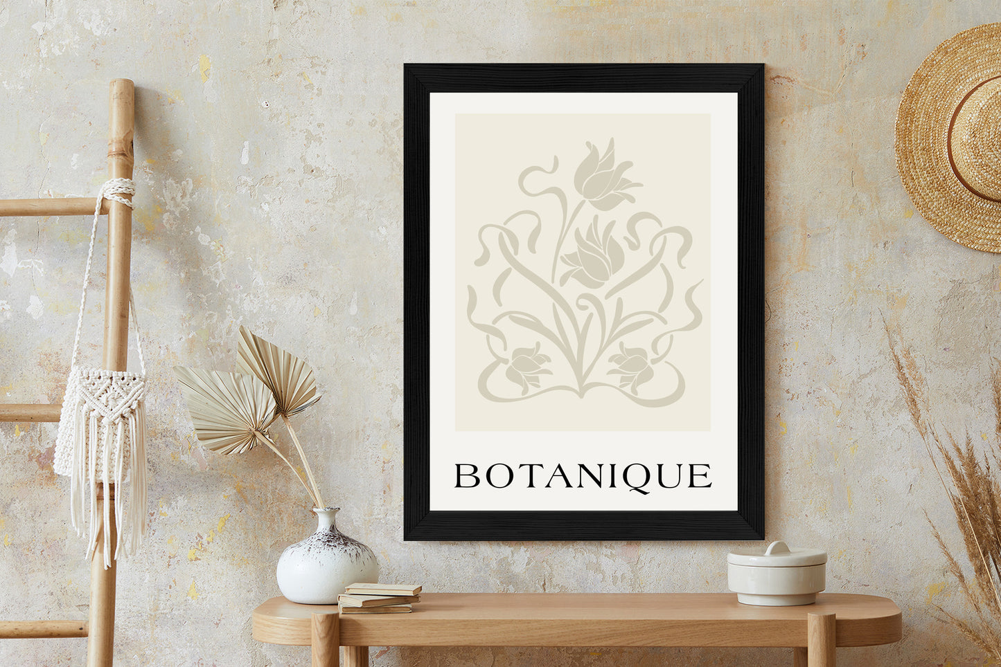 Poster Botanische Beige Blätter Und Blüten Rahmen Holz Mit Passepartout Farbe Natürlich