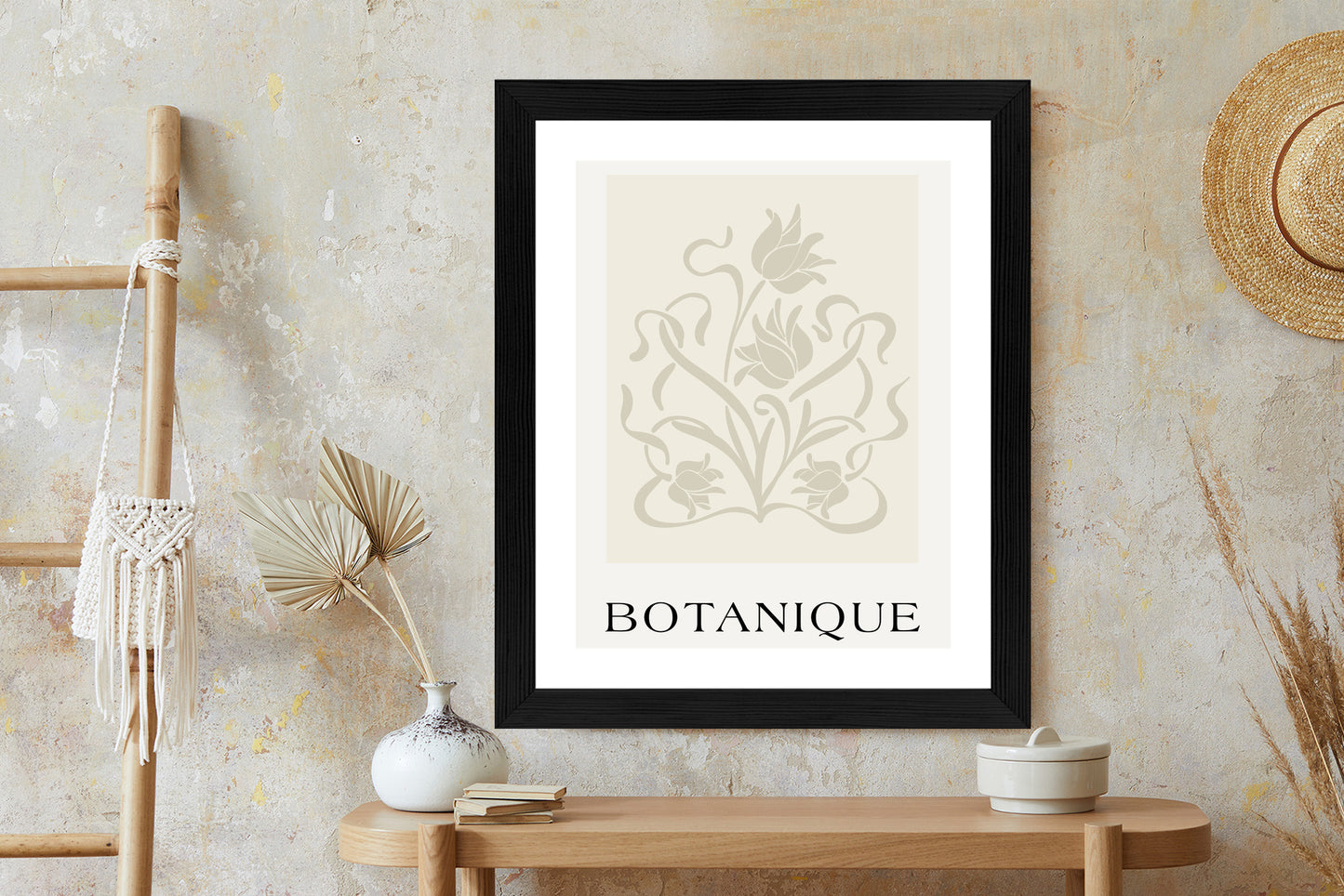 Poster Botanische Beige Blätter Und Blüten Rahmen Holz Mit Passepartout Farbe Natürlich