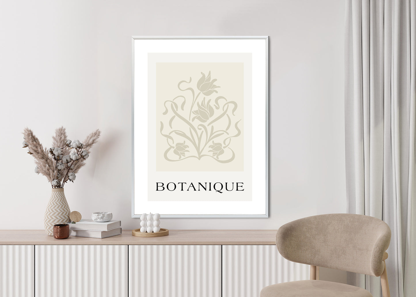 Poster Botanische Beige Blätter Und Blüten Rahmen Holz Mit Passepartout Farbe Natürlich