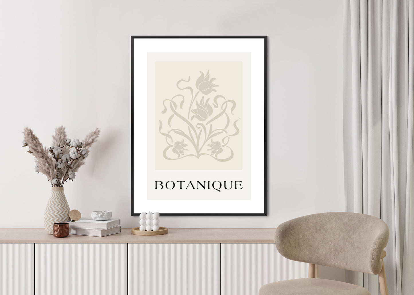Poster Botanische Beige Blätter Und Blüten Rahmen Holz Mit Passepartout Farbe Natürlich