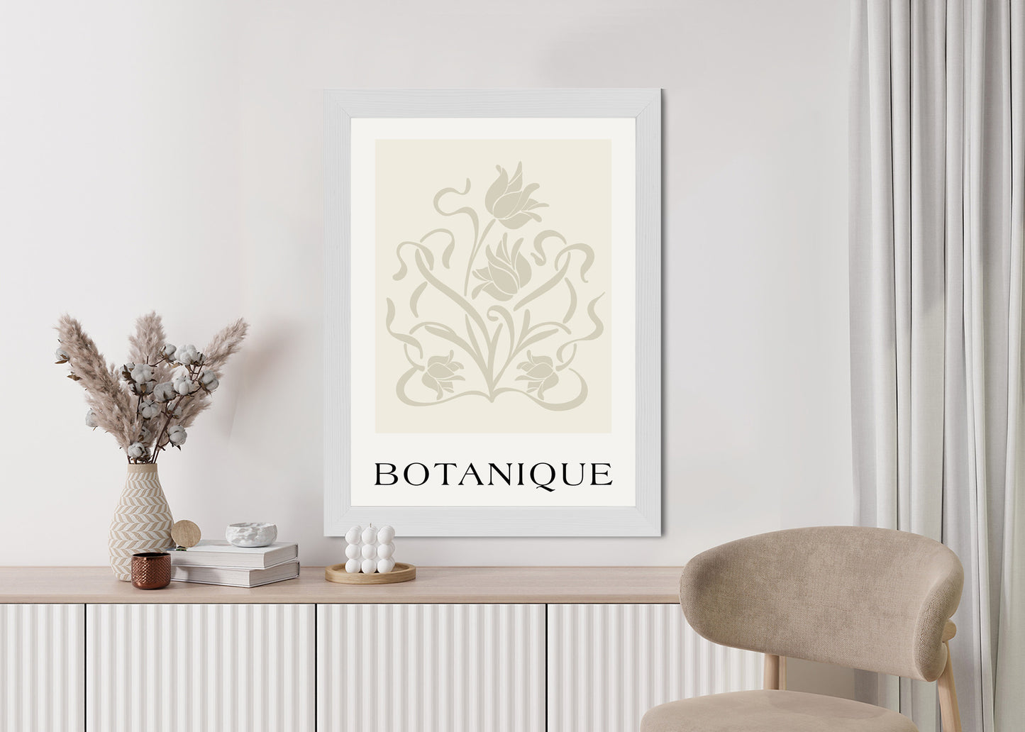 Poster Botanische Beige Blätter Und Blüten Rahmen Holz Mit Passepartout Farbe Natürlich