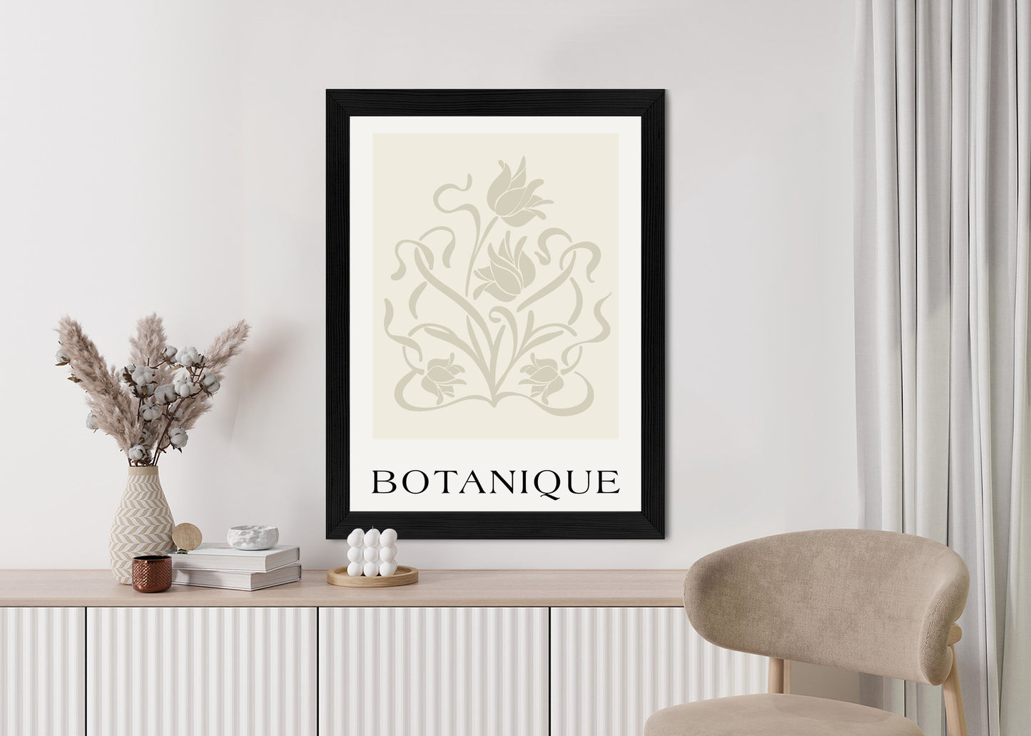 Poster Botanische Beige Blätter Und Blüten Rahmen Holz Mit Passepartout Farbe Natürlich