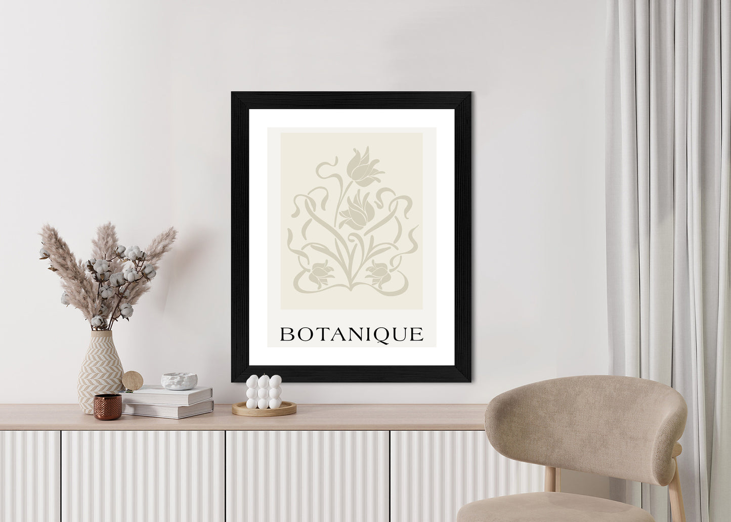 Poster Botanische Beige Blätter Und Blüten Rahmen Holz Mit Passepartout Farbe Natürlich