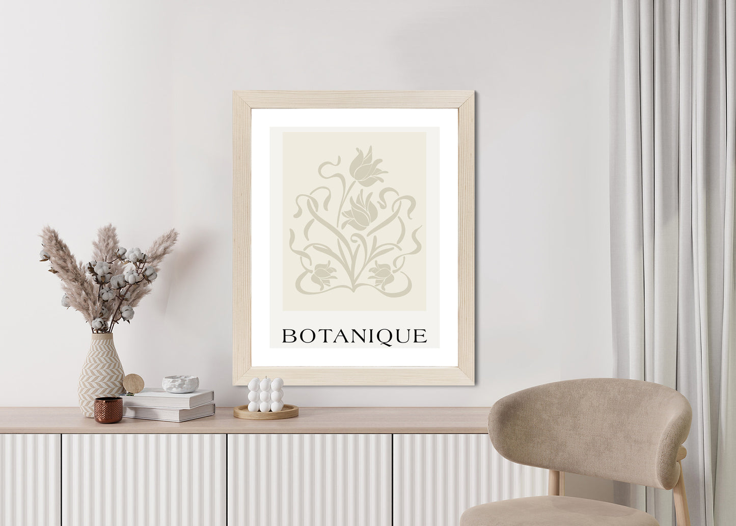 Poster Botanische Beige Blätter Und Blüten Rahmen Holz Mit Passepartout Farbe Natürlich