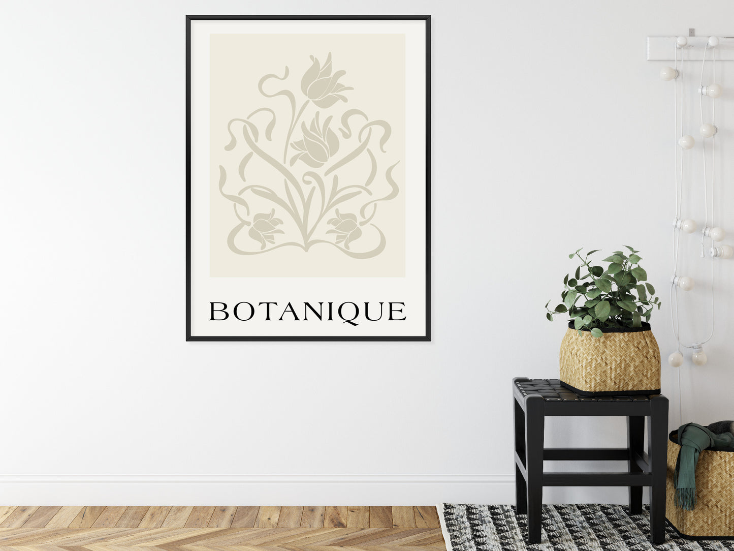 Poster Botanische Beige Blätter Und Blüten Rahmen Holz Mit Passepartout Farbe Natürlich