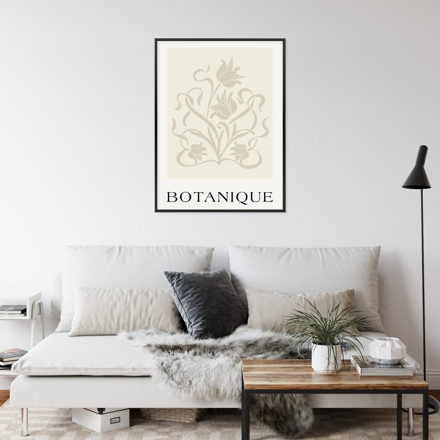 Poster Botanische Beige Blätter Und Blüten Rahmen Holz Mit Passepartout Farbe Natürlich