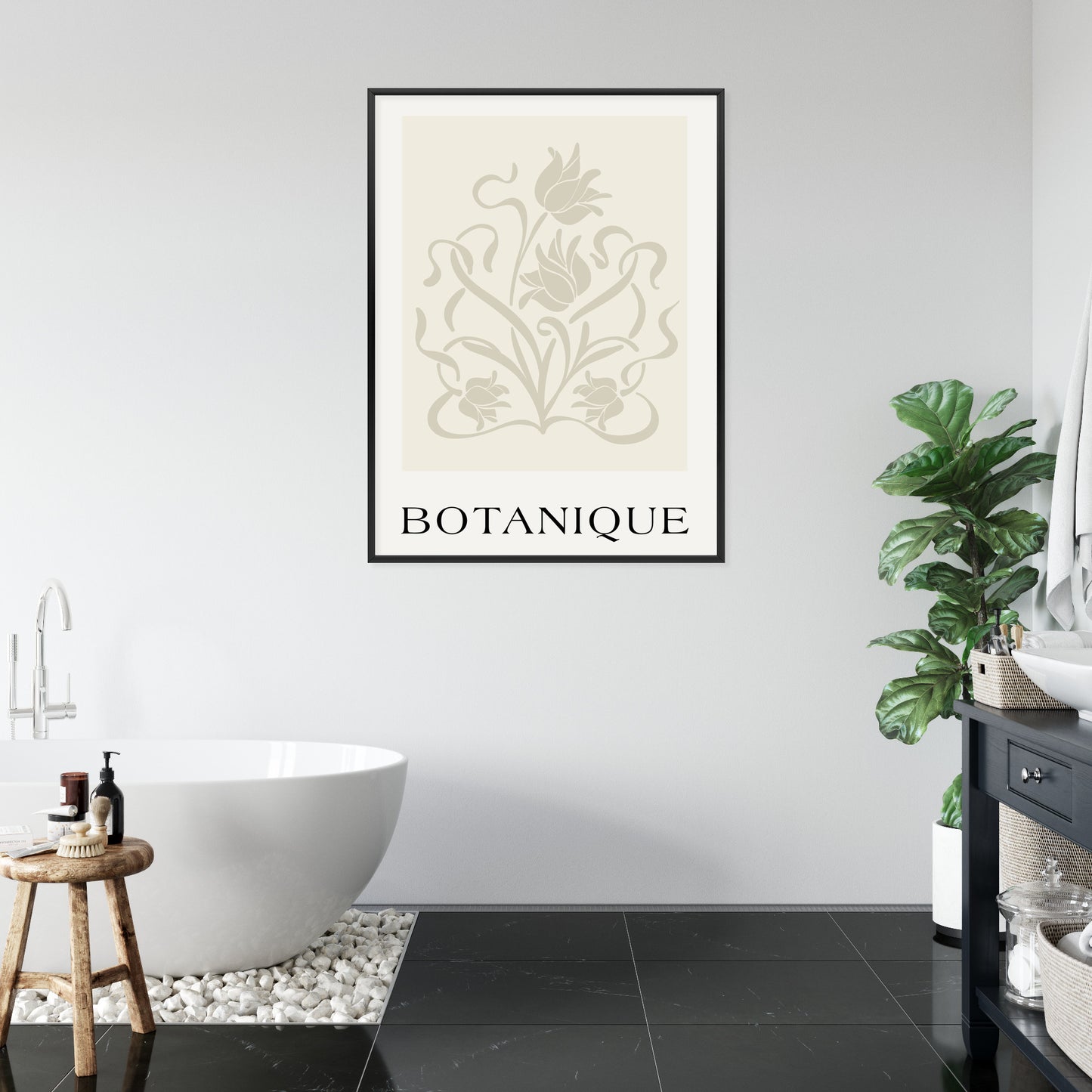 Poster Botanische Beige Blätter Und Blüten Rahmen Holz Mit Passepartout Farbe Natürlich