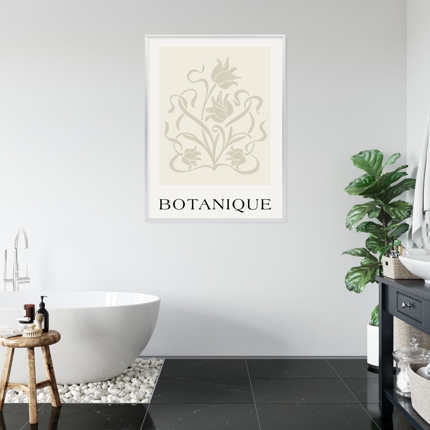 Poster Botanische Beige Blätter Und Blüten Rahmen Holz Mit Passepartout Farbe Natürlich