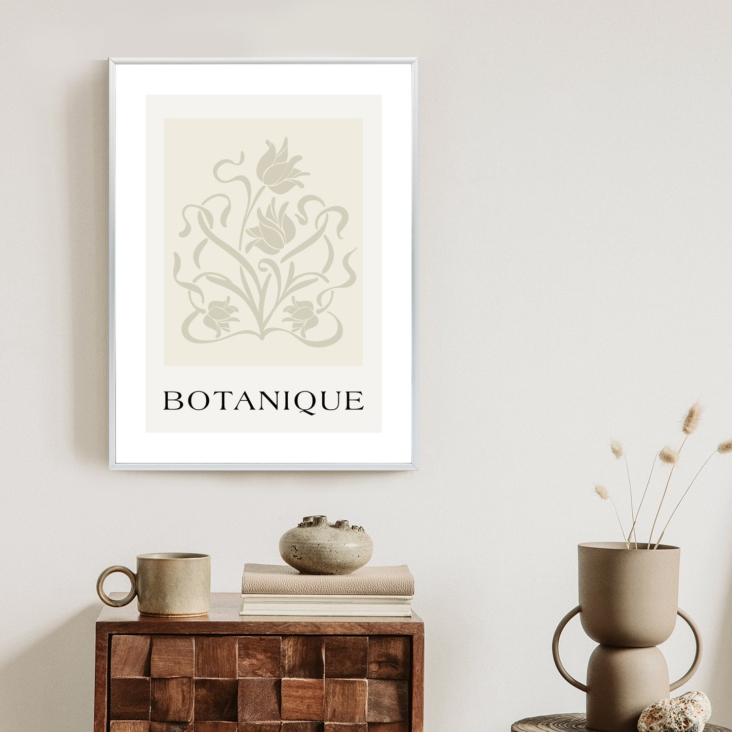 Poster Botanische Beige Blätter Und Blüten Rahmen Holz Mit Passepartout Farbe Natürlich