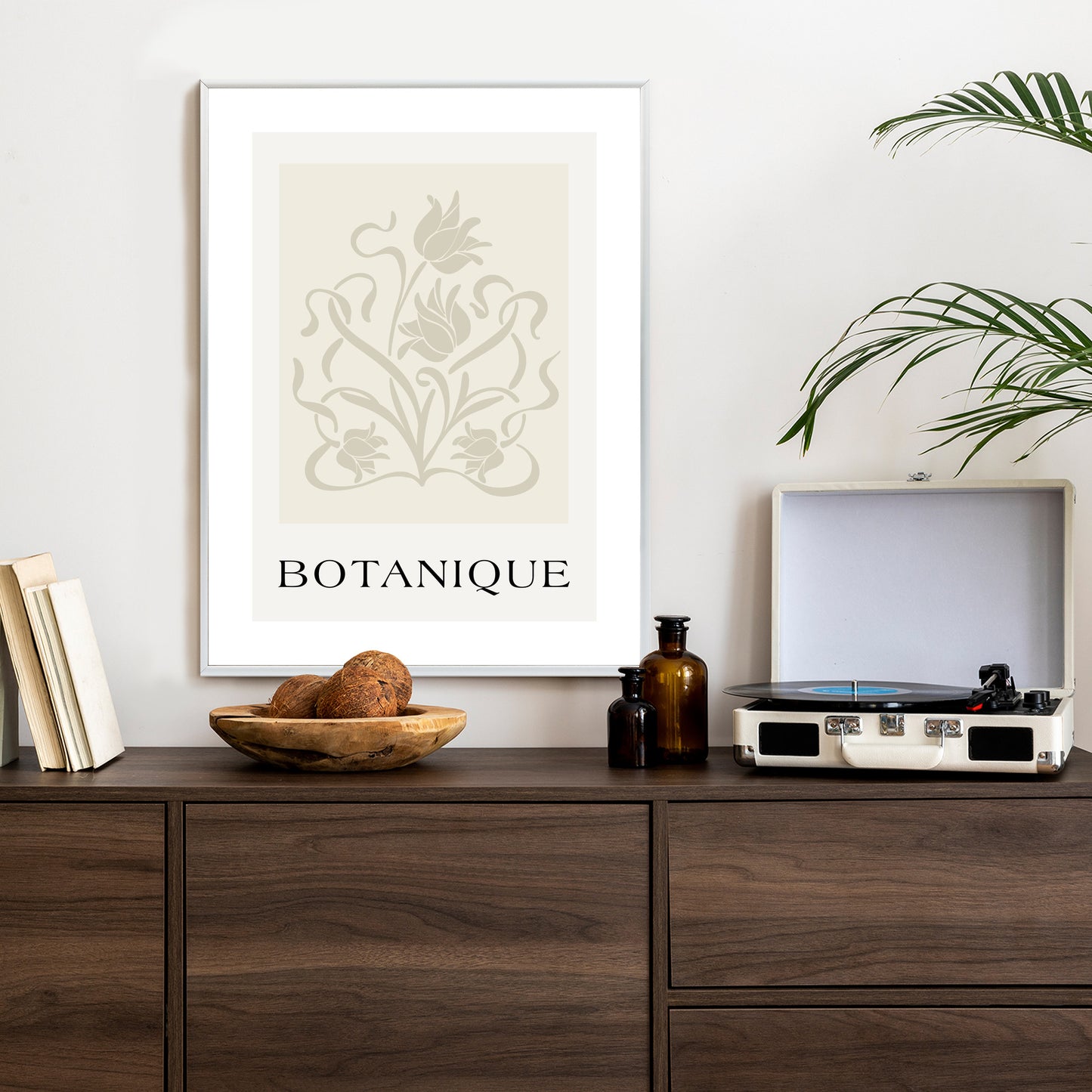 Poster Botanische Beige Blätter Und Blüten Rahmen Holz Mit Passepartout Farbe Natürlich