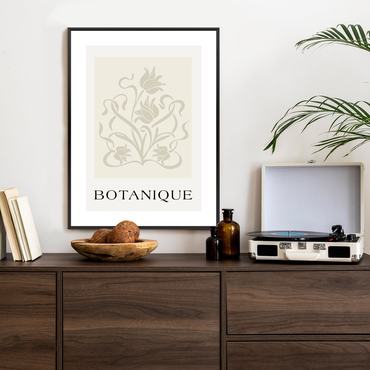 Poster Botanische Beige Blätter Und Blüten Rahmen Holz Mit Passepartout Farbe Natürlich