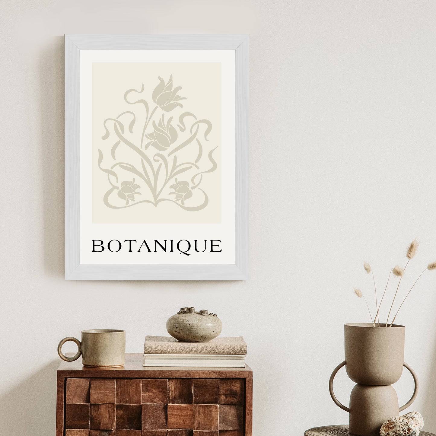 Poster Botanische Beige Blätter Und Blüten Rahmen Holz Mit Passepartout Farbe Natürlich