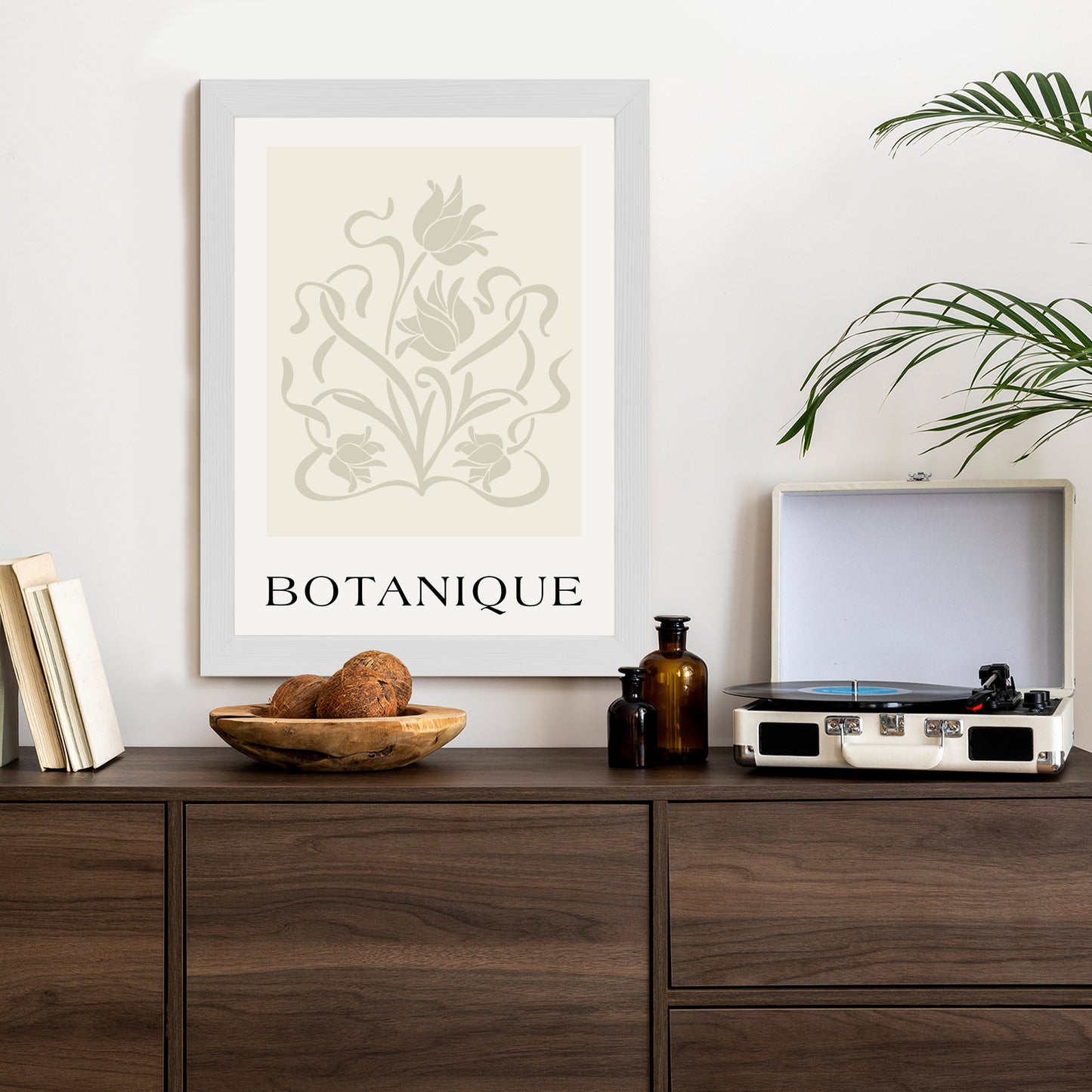 Poster Botanische Beige Blätter Und Blüten Rahmen Holz Mit Passepartout Farbe Natürlich