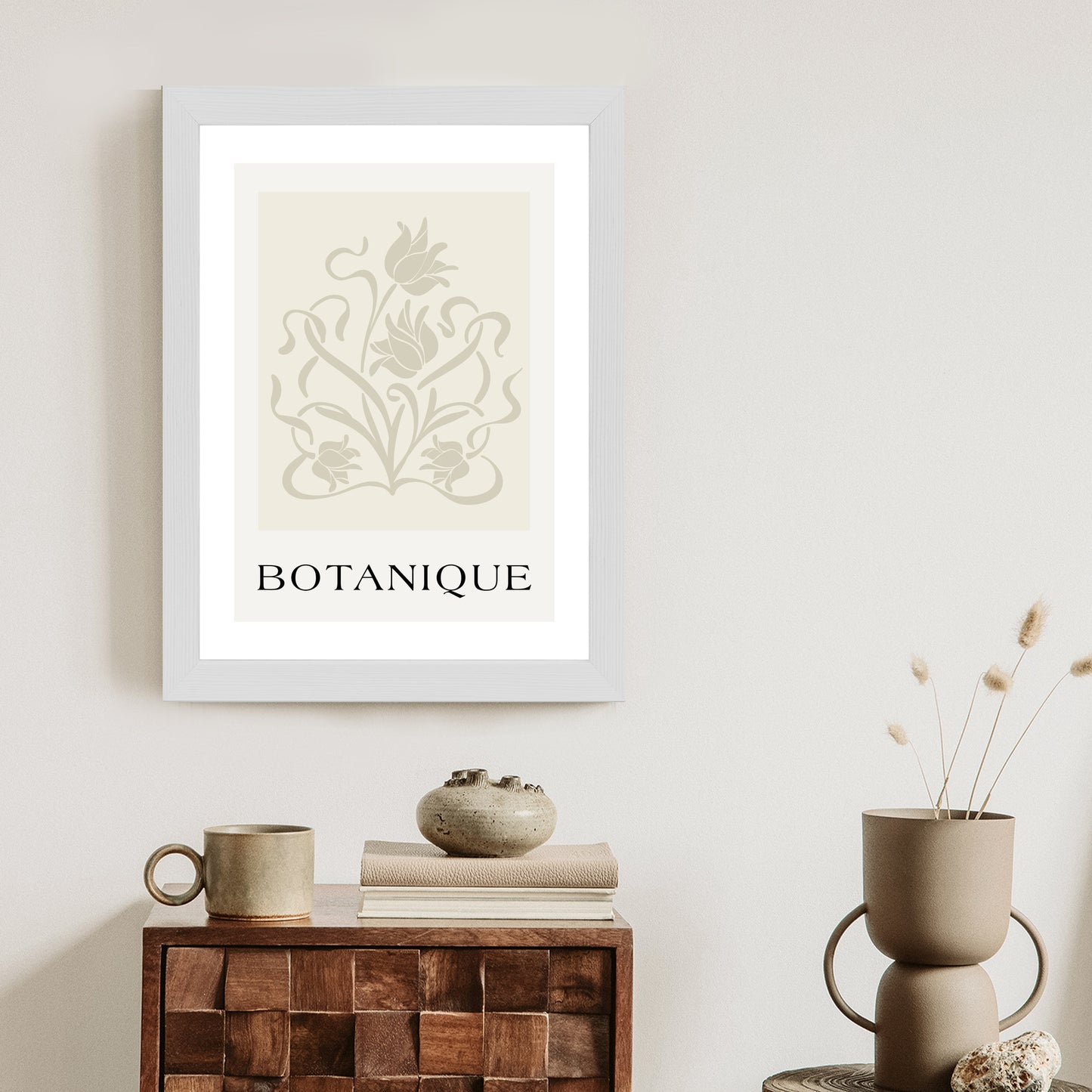 Poster Botanische Beige Blätter Und Blüten Rahmen Holz Mit Passepartout Farbe Natürlich