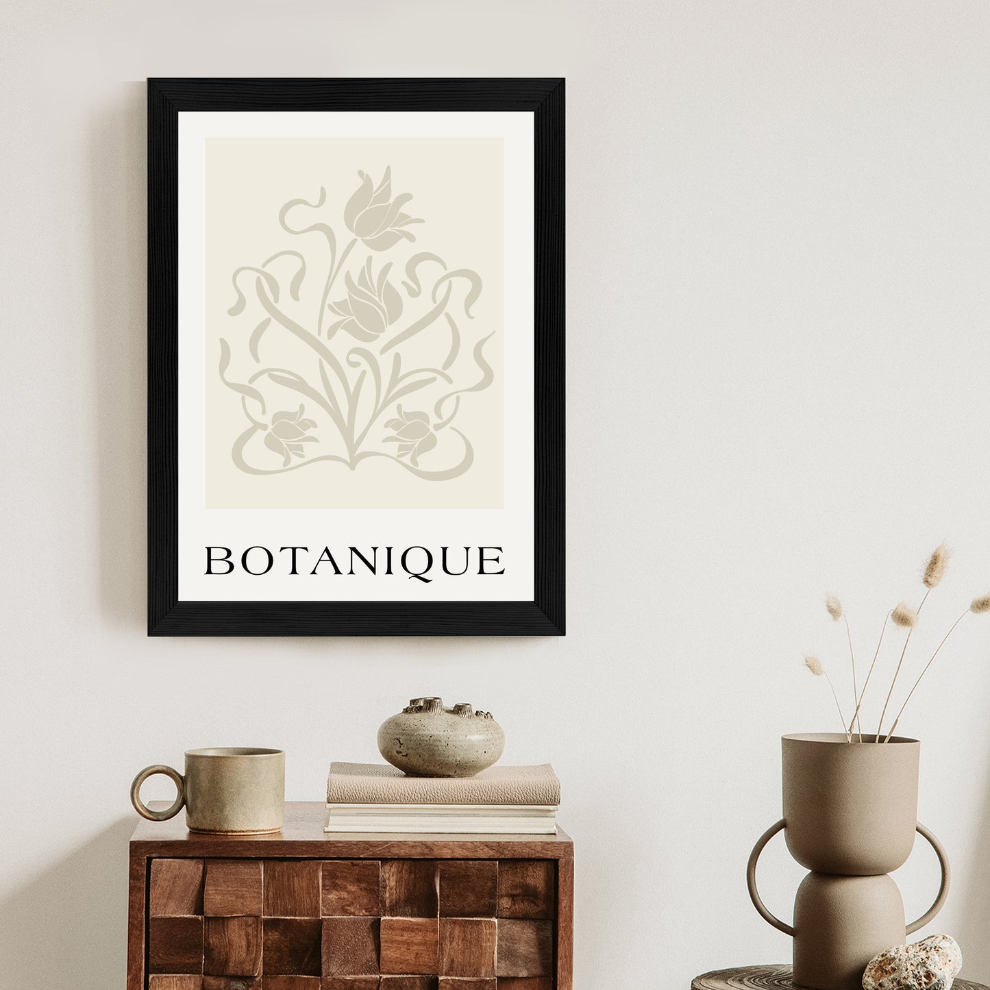 Poster Botanische Beige Blätter Und Blüten Rahmen Holz Mit Passepartout Farbe Natürlich