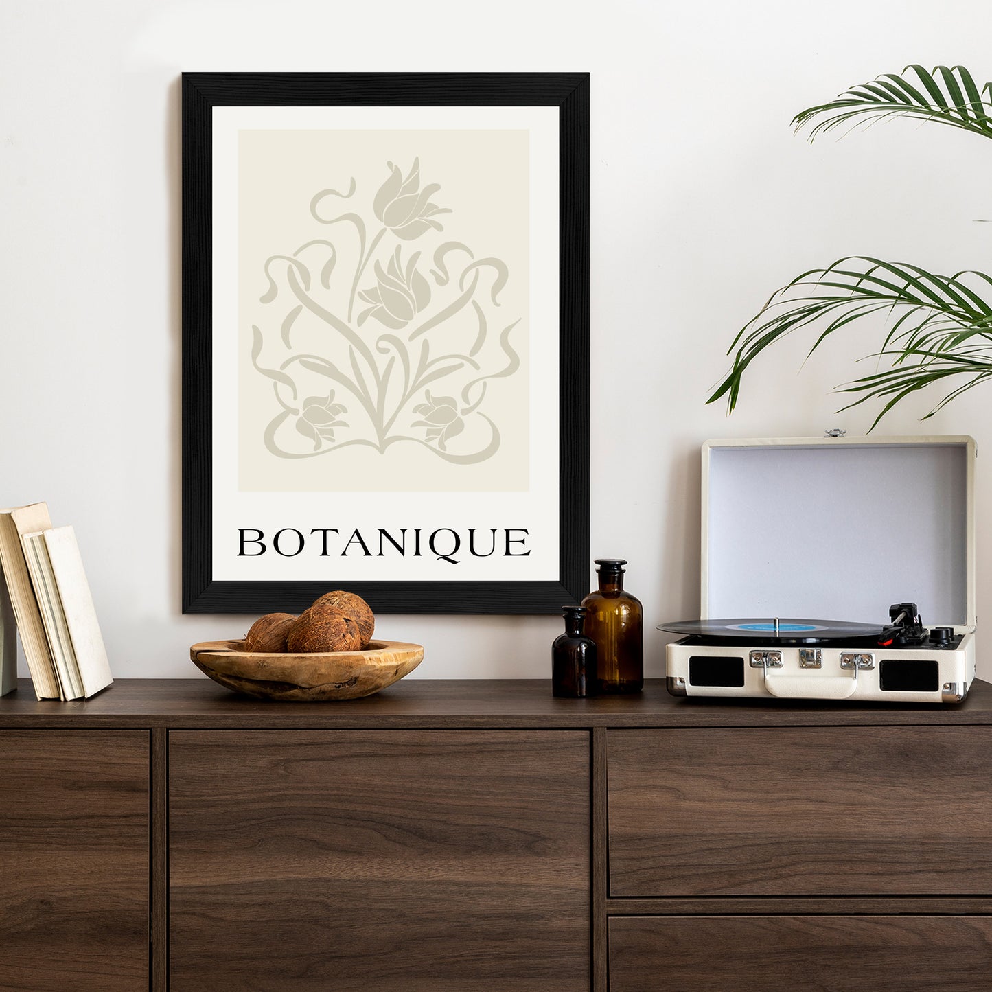 Poster Botanische Beige Blätter Und Blüten Rahmen Holz Mit Passepartout Farbe Natürlich