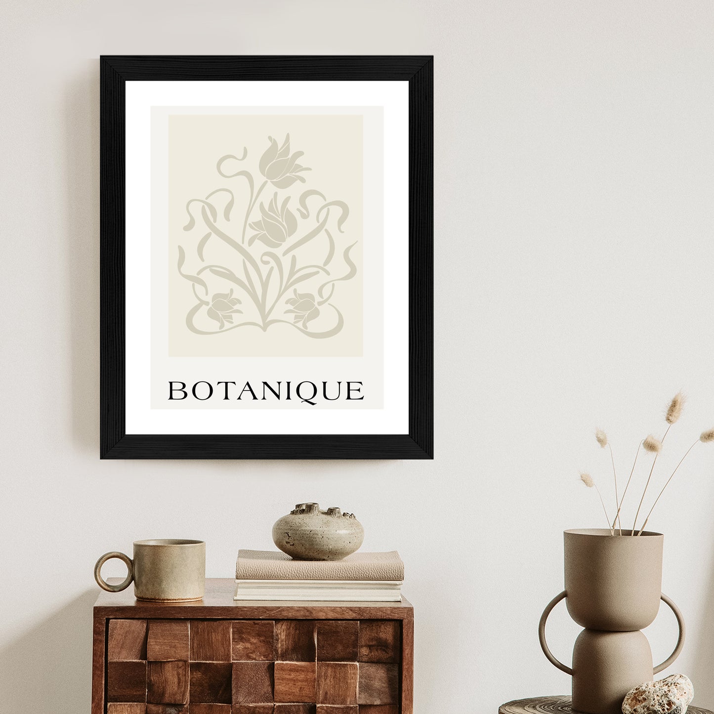 Poster Botanische Beige Blätter Und Blüten Rahmen Holz Mit Passepartout Farbe Natürlich