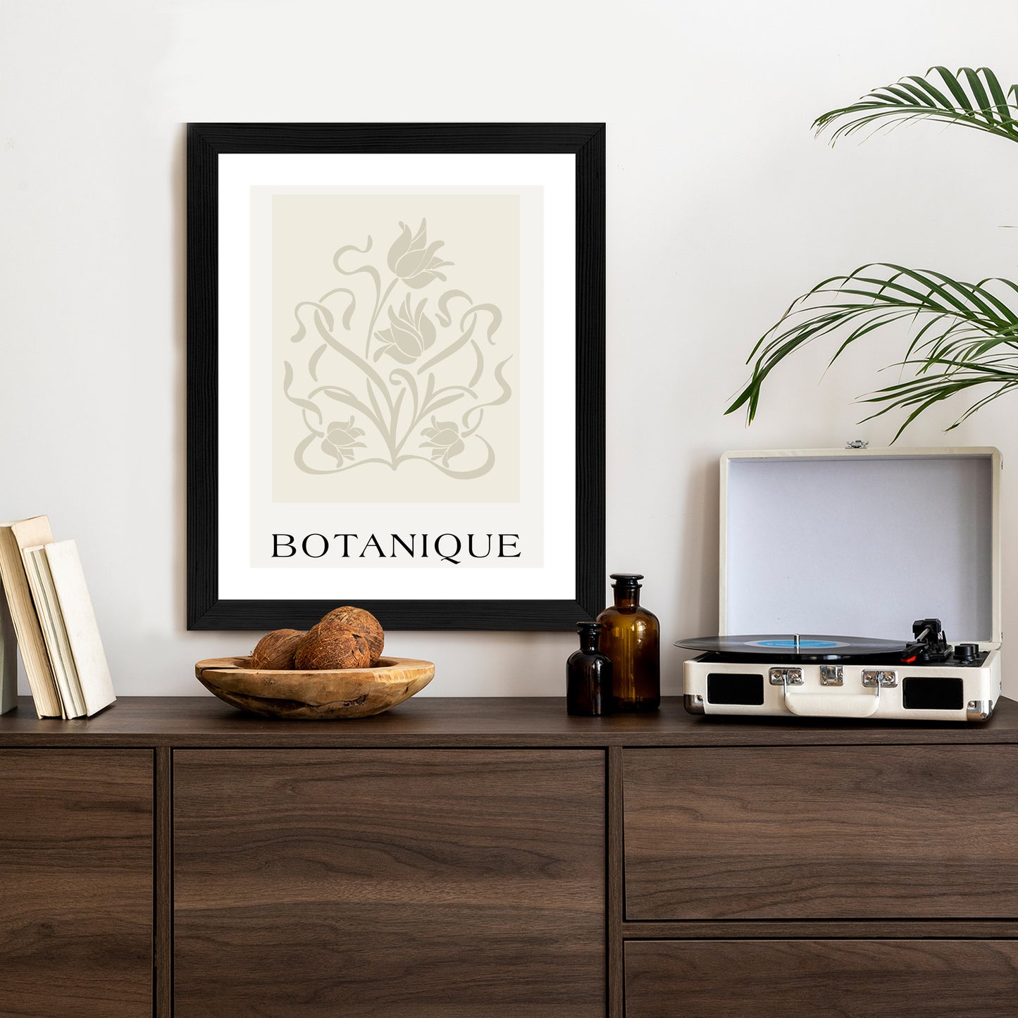 Poster Botanische Beige Blätter Und Blüten Rahmen Holz Mit Passepartout Farbe Natürlich