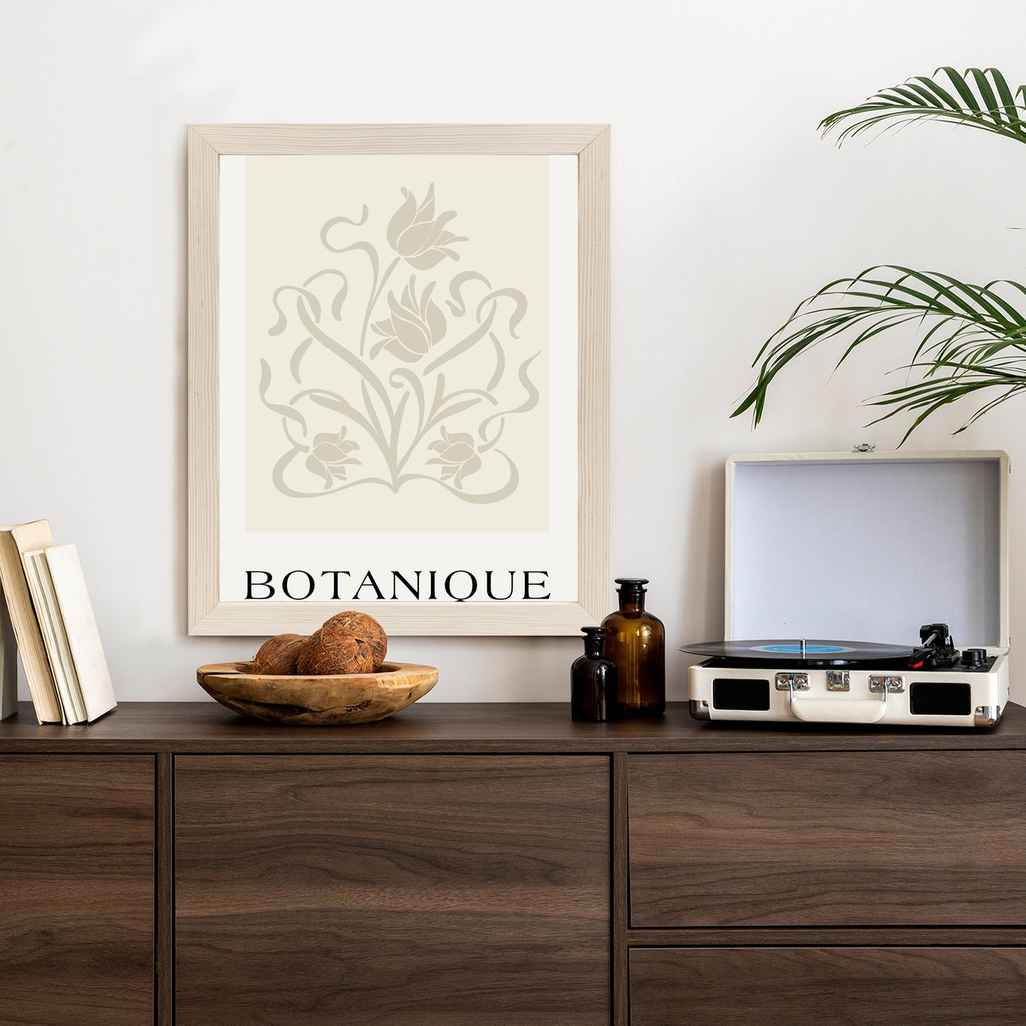 Poster Botanische Beige Blätter Und Blüten Rahmen Holz Mit Passepartout Farbe Natürlich