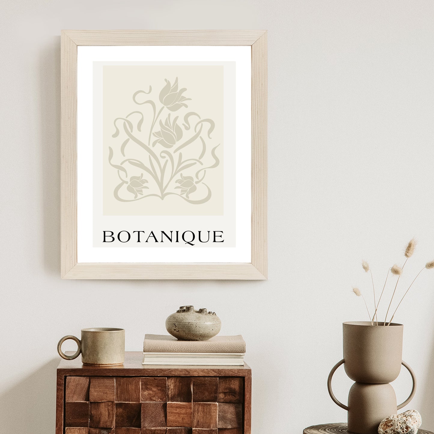 Poster Botanische Beige Blätter Und Blüten Rahmen Holz Mit Passepartout Farbe Natürlich