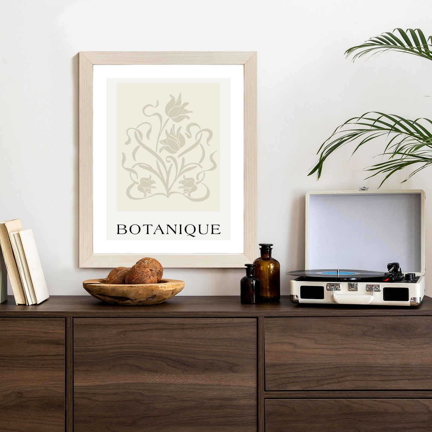 Poster Botanische Beige Blätter Und Blüten Rahmen Holz Mit Passepartout Farbe Natürlich