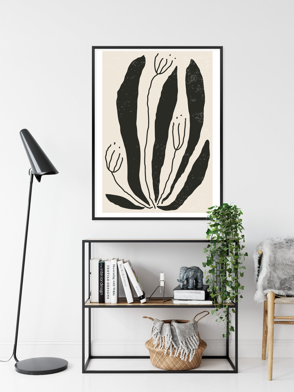Poster Große Schwarze Blätter Und Blüten Im Matisse-Stil