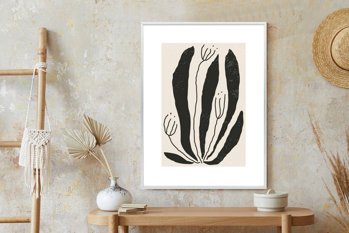 Poster Große Schwarze Blätter Und Blüten Im Matisse-Stil