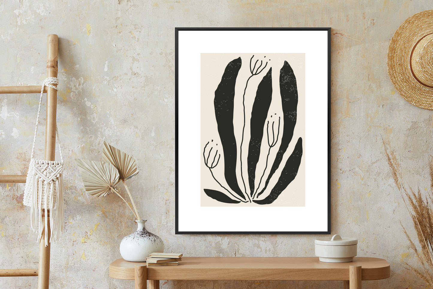 Poster Große Schwarze Blätter Und Blüten Im Matisse-Stil
