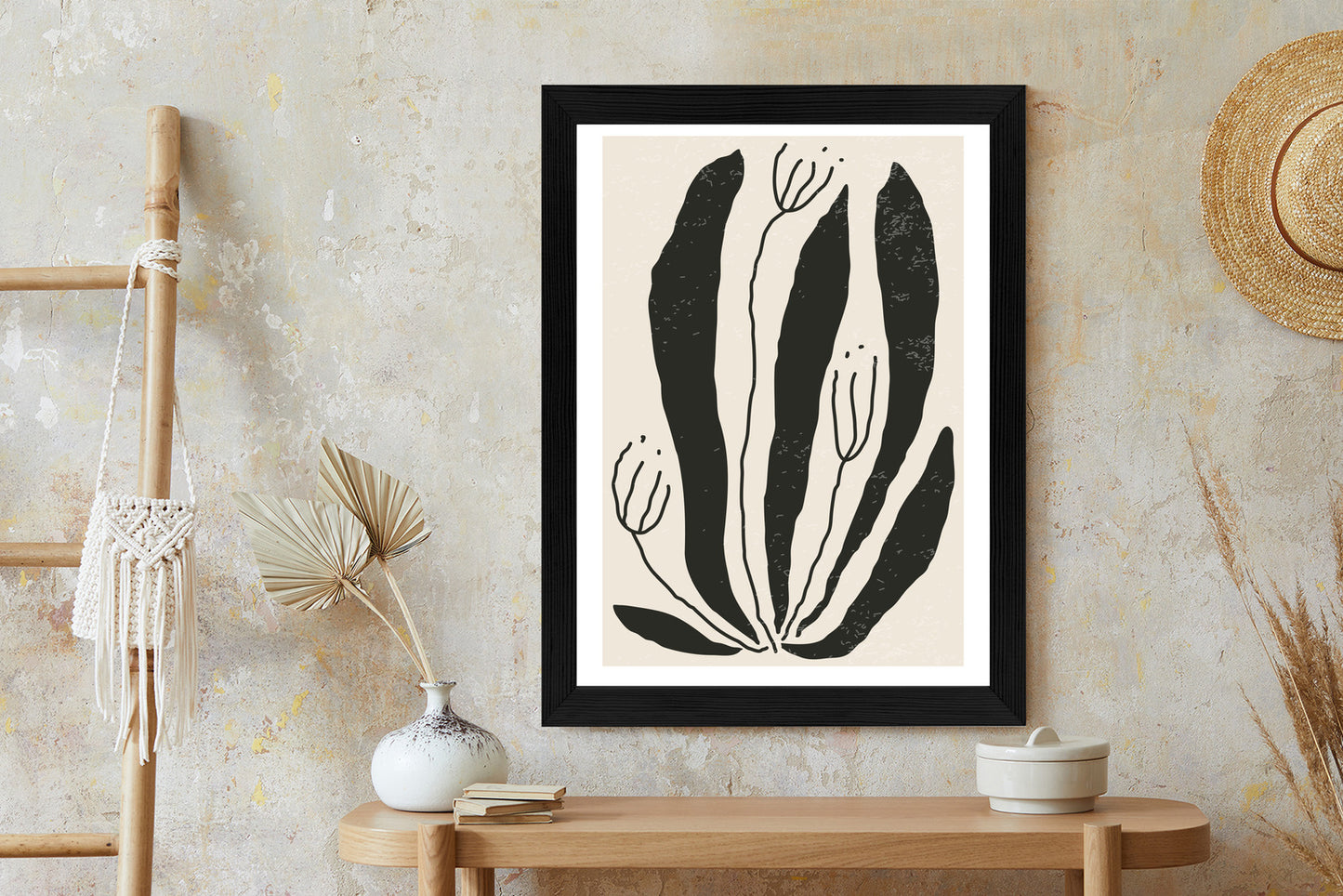 Poster Große Schwarze Blätter Und Blüten Im Matisse-Stil
