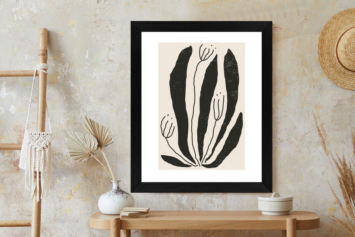 Poster Große Schwarze Blätter Und Blüten Im Matisse-Stil
